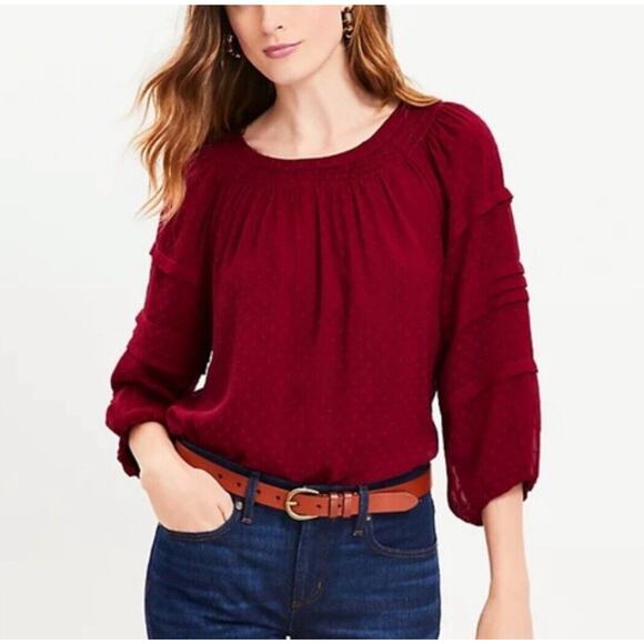 Loft Blouse Clip Dot Balloon 3/4 Sleeve S Maroon Trendy Popover Casual NEW - Picture 11 of 11